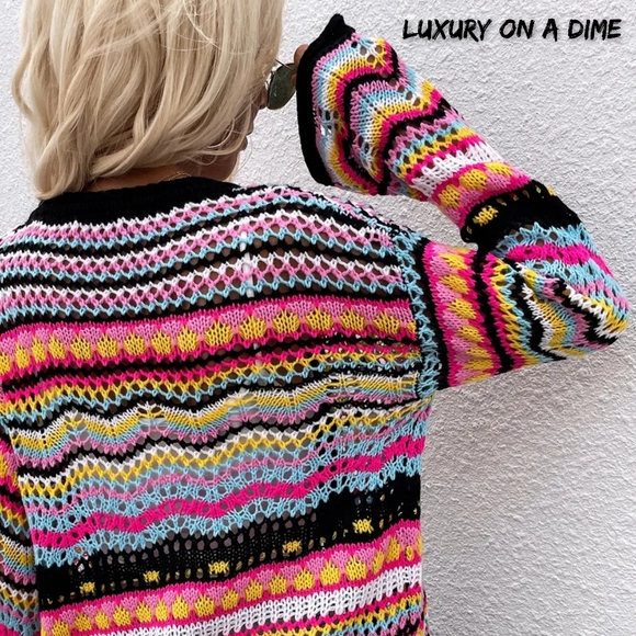 Bright Chevron Stripe Openwork Knit Button Front Long Sleeve Retro Cardigan Pink - Picture 2 of 6